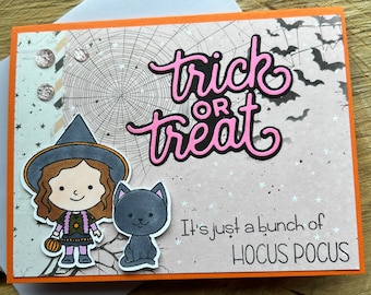 Trick or treat card, Halloween greeting, black cat, pop culture, Halloween card, Halloween love, trick or treating gift, pink Halloween