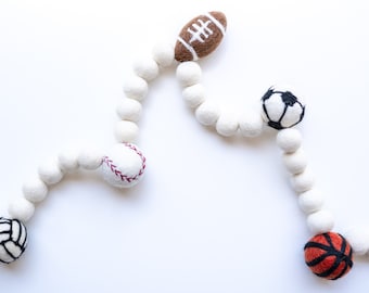 Sports garland, felt ball garland, sports party, pom pom garland, sports bedroom, party decor, basketball decor, soccer, baseball, football