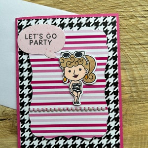 Puppenkarte, Puppengeburtstagskarte, Puppensammler, Puppenparty, Karte zum Geburtstag, Karte zu jedem Anlass, rosa Karte, rosa Geburtstag, Popkultur, rosa