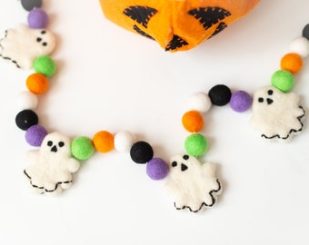 Felt Ball Halloween Garland, Handmade Ghost Bunting
