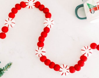 Peppermint Felt Ball Christmas Garland, Holiday Mantel Decor
