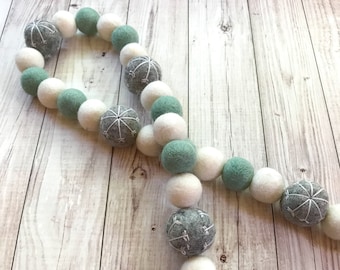 Hand Embroidered Snowflake Felt Ball Garland, Winter Decor