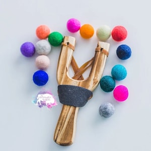 Slingshot, wood slingshot, slingshot felt ball, felt ball ammo, felt balls, slingshot kit, gift for kids, stocking stuffer, wooden toy, poms image 1