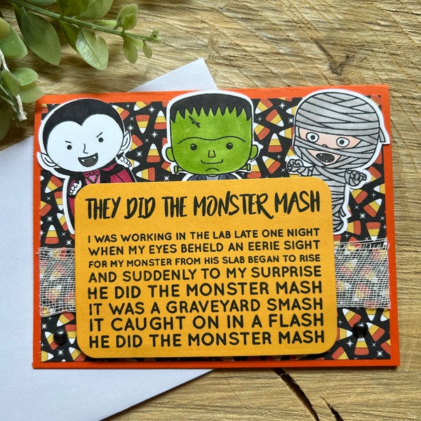 Monster card, Halloween monsters, monster costume, monster party, greeting card, Halloween card, monster song, mummy, Frankenstein, vampire