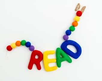 Book garland, book decor, reading garland, felt ball garland, felt decor, book banner, library shelf decor, shelfie garland, read garland