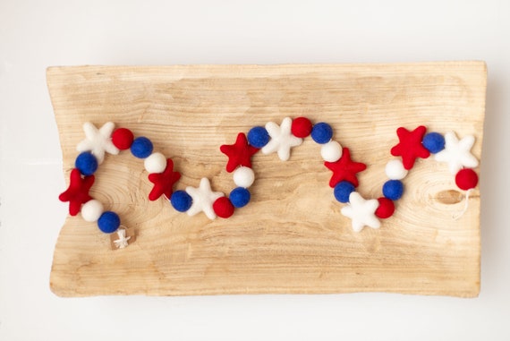 4th of July Felt Ball Garland, Stars, USA Decor, 6 ft