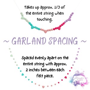 Puede incluir: Una guirnalda hecha de corazones de fieltro en colores rosa, verde claro y turquesa. La guirnalda est&aacute; enhebrada en una cuerda blanca y espaciada aproximadamente 5 cm. El texto "~ GARLAND SPACING ~" est&aacute; escrito en morado debajo de la guirnalda. El texto "takes up approx. 1/3 of the entire string when touching." est&aacute; escrito encima de la guirnalda. El texto "Spaced evenly apart on the entire string with approx. 2 inches between each felt piece." est&aacute; escrito debajo de la guirnalda. El texto "The Handcrafted Buffalo" est&aacute; escrito en un cuadro blanco con un contorno morado y una silueta de b&uacute;falo en el centro.