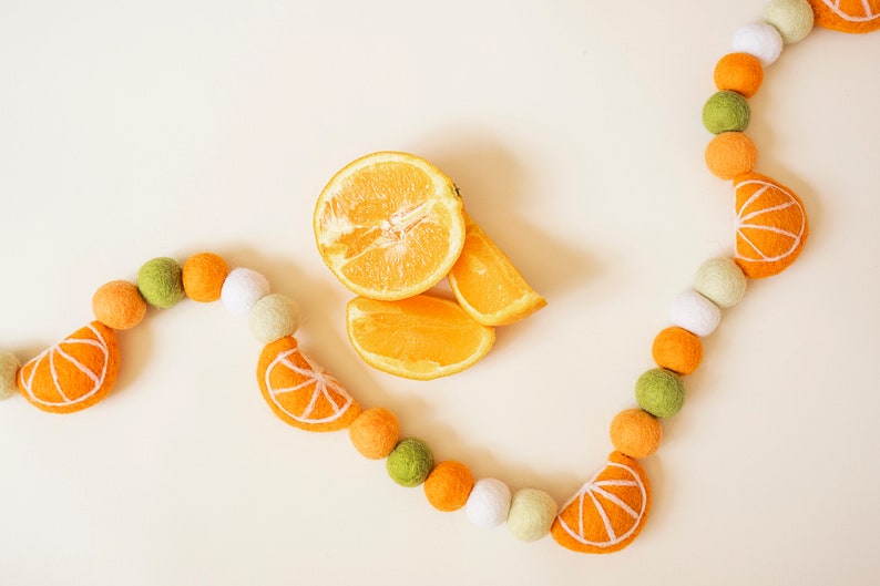 Orange garland, fruit garland, felt ball garland, orange felt garland, felt oranges, orange party decor, felt ball decor, fruit party decor image 1