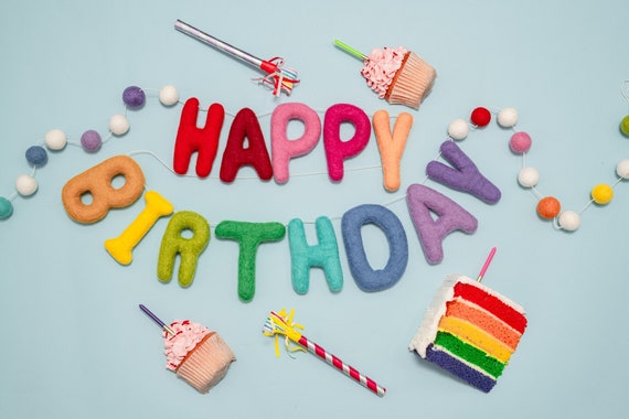 Birthday garland, birthday banner, birthday decor, party decor, felt ball garland, felt garland, rainbow birthday, reusable decor, celebrate