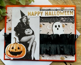 Halloween vintage, tarjeta de Halloween, tarjeta vintage, tarjeta de bruja, bruja vintage, calabaza vintage, saludo de Halloween, vintage moderno, moderno