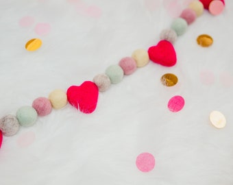 Felt Ball Valentine's Garland, Hearts, Pastel Decor