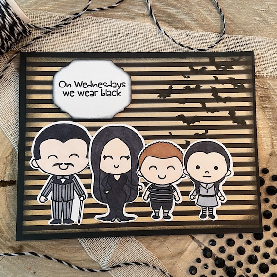 Spooky family, spooky birthday, spooky card, famous family, Halloween card, movie card, iconic characters, we wear black, movie family, bats