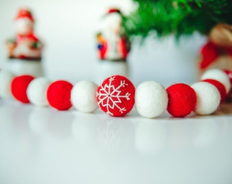 Handmade Felt Ball Garland, Embroidered Snowflake, Nordic Winter Decor