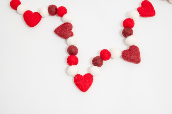 Heart garland, heart decor, Valentines day decor, Valentines garland, felt heart, Valentines decor, felt ball garland, red decor, hearts