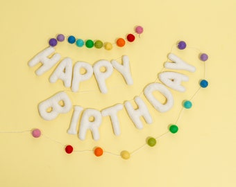 Birthday garland, birthday banner, felt garland, felt balls, felt banner, birthday decor, party garland, reusable decor, eco-friendly, happy