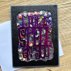 Carte d’Halloween, carte shaker, carte de confettis, confettis d’Halloween, sœurs sorcières, carte sœur sorcière, carte sorcière, carte effrayante, amant d’Halloween