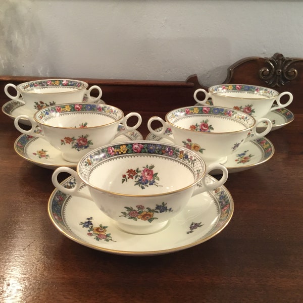 CAULDON Consommé- Tasses à bouillon et SOUCOUPES set de 5 Duos Motif Fleur sur porcelaine blanche dorure or