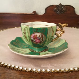 Demitasse  and Saucer Porcelain DUO ARNART Creations greens and gold  Made in Japan Vienna style china from the 50&#39;s