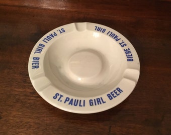 Vintage St Pauli Girl Beer Ashtray, White Porcelain, 6.75"