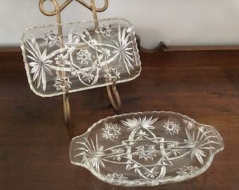 ANCHOR HOCKING EAPC Early American Prescut two pieces set:  Relish Dish and Tray  Star of David Pattern Crystal clear Glass