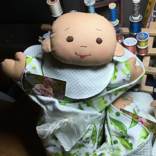 Ready to Ship -Soft Baby Doll, machine washable , Tan ,   gender neutral set with blankie, bibs and diapers   ,