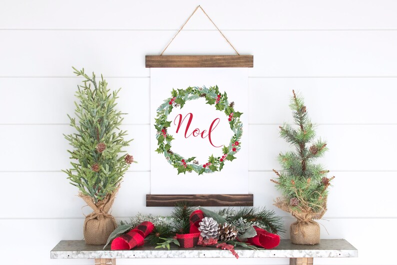 Noel Christmas Wreath Framed Hanging Canvas Art Holiday Wall Etsy