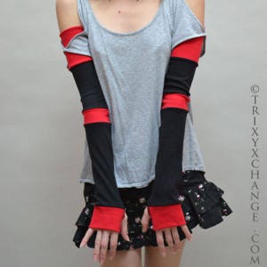Red Gloves Cotton Patchwork Gloves Red Striped Gloves Extra Long Black Arm Warmers Black Armwarmers Cotton Arm Sleeves Covers TRIXY XCHANGE