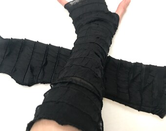 Schwarze Bandage Armbezüge Frankenstein Braut Halloween Kostüm Rüschen Fingerlose Handschuhe Gestreifte Armstulpen Cosplay Outfit - TRIXY XCHANGE