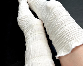 Cream White Mummy Leg Warmers Ruffle Knee Socks Bandage Pants Halloween Costume Over the Knee Zombie Thigh Highs Ivory Striped TRIXY XCHANGE