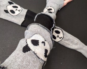 Sweater Arm Warmers Gray Panda Knit Gloves Black Arm Sleeves Driving Covers Animal Gift Whimsygoth Girl Upcycled Armwarmers - TRIXY XCHANGE