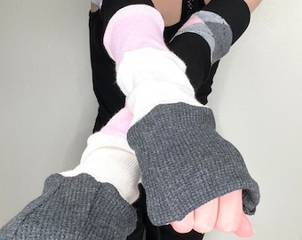 Patchwork Arm Socks Pink Argyle Arm Warmers Gray Long Sleeves Shirt Upcycled Fingerless Gloves Striped Footless Socks Texting TRIXY XCHANGE