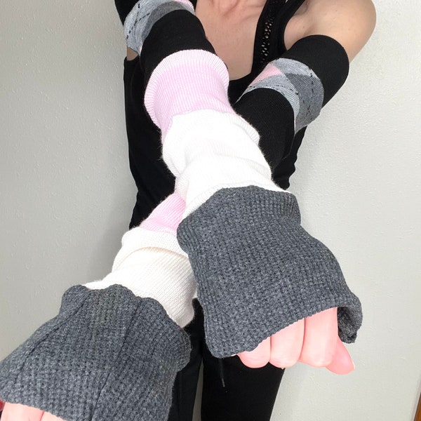 Patchwork Arm Socks Pink Argyle Arm Warmers Gray Long Sleeves Shirt Upcycled Fingerless Gloves Striped Footless Socks Texting TRIXY XCHANGE