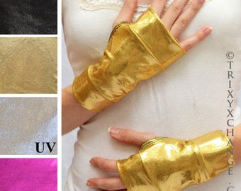 Kurze Gold Handschuhe Spandex Fingerlose Handschuhe Gold Armstulpen Metallic Handschuhe Handgelenk Länge Stretchy Manschetten Cosplay Kostüm Handschuhe TRIXY XCHANGE