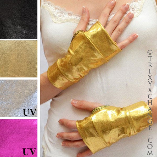 Short Gold Gloves Spandex Fingerless Gloves Gold Arm Cuffs Metallic Gloves Wrist Length Stretchy Cuffs Cosplay Costume Gloves TRIXY XCHANGE