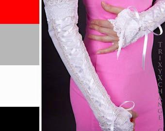 Long White Gloves Black Corset Gloves Lace Up Wedding Gloves Red Arm Covers Corset Arm Warmers Gray Lace Up Armwarmers Bride - TRIXY XCHANGE