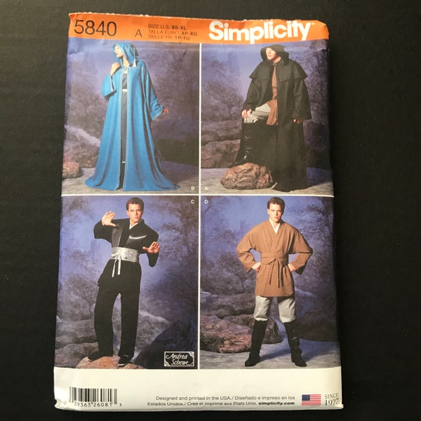 Simplicity Sewing Pattern 5840 Size Xs S M L XL Mens Cape Cloak with Hood Womens Robe Tunic Belt Halloween Cosplay Costume - TRIXY XCHANGE