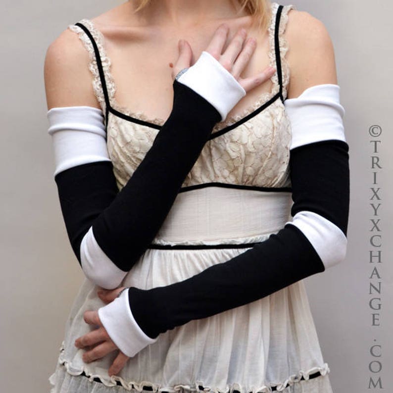Goth Clothing Long Black Gloves White Striped Arm Warmers Red Patchwork Arm Covers Cotton Armwarmers Gray Arm Sleeves Grey TRIXY XCHANGE image 1