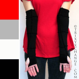 Black Patchwork Gloves Upcycled Clothing Striped Armwarmers Cotton Arm Warmers Medical Device Arm Covers White Arm Sleeves - TRIXY XCHANGE
