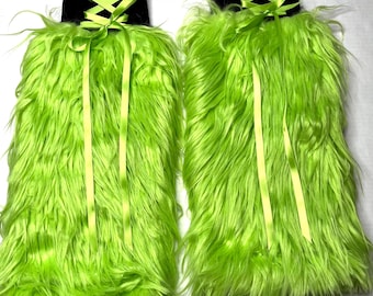 Fursuit Costume Mens Cosplay Outfit Green Fur Boot Covers Black Furry Leg Warmers Neon Rave Spats Fluffy Animal White Pink - TRIXY XCHANGE