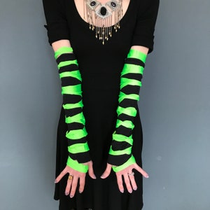 Green Cut Out Gloves Black Arm Warmers Cyber Arm Sleeves Summer Sun Protection Neon Costume Neon Green Clothing Raver Gloves - TRIXY XCHANGE