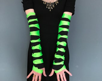 Green Cut Out Gloves Black Arm Warmers Cyber Arm Sleeves Summer Sun Protection Neon Costume Neon Green Clothing Raver Gloves - TRIXY XCHANGE