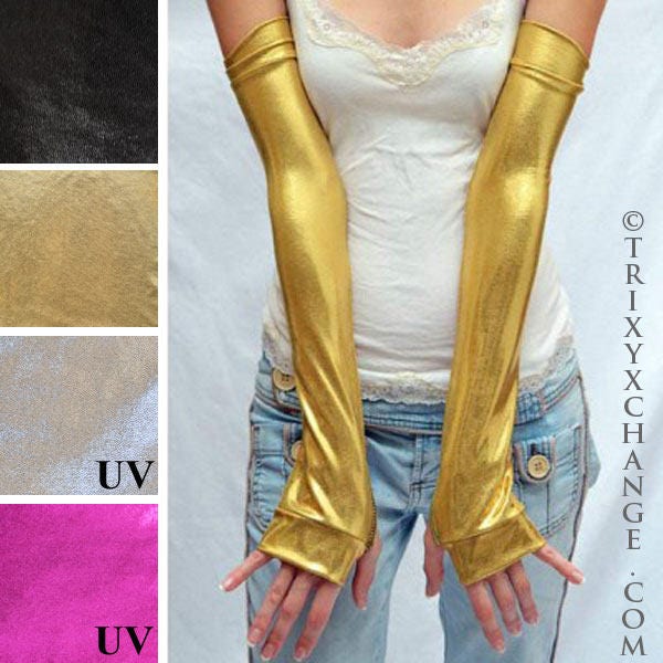 Gold Costume Gloves Long Gold Gloves Gold Fingerless Gloves Gold Latex Gloves Elbow Length Opera Length Arm Warmers Sleeves - TRIXY XCHANGE