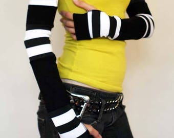 Pirate Costume Gloves Long Arm Warmers Patchwork Gloves Striped Armwarmers Black Arm Sleeves White Arm Covers Circus Gloves - TRIXY XCHANGE