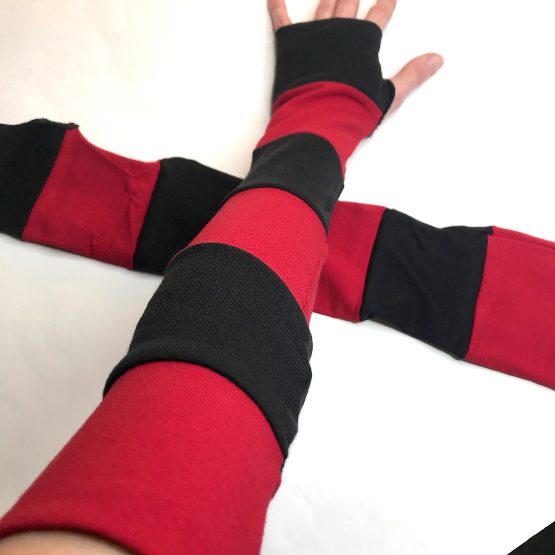 Long Striped Gloves Red Hand Warmers Black Armwarmers Patchwork