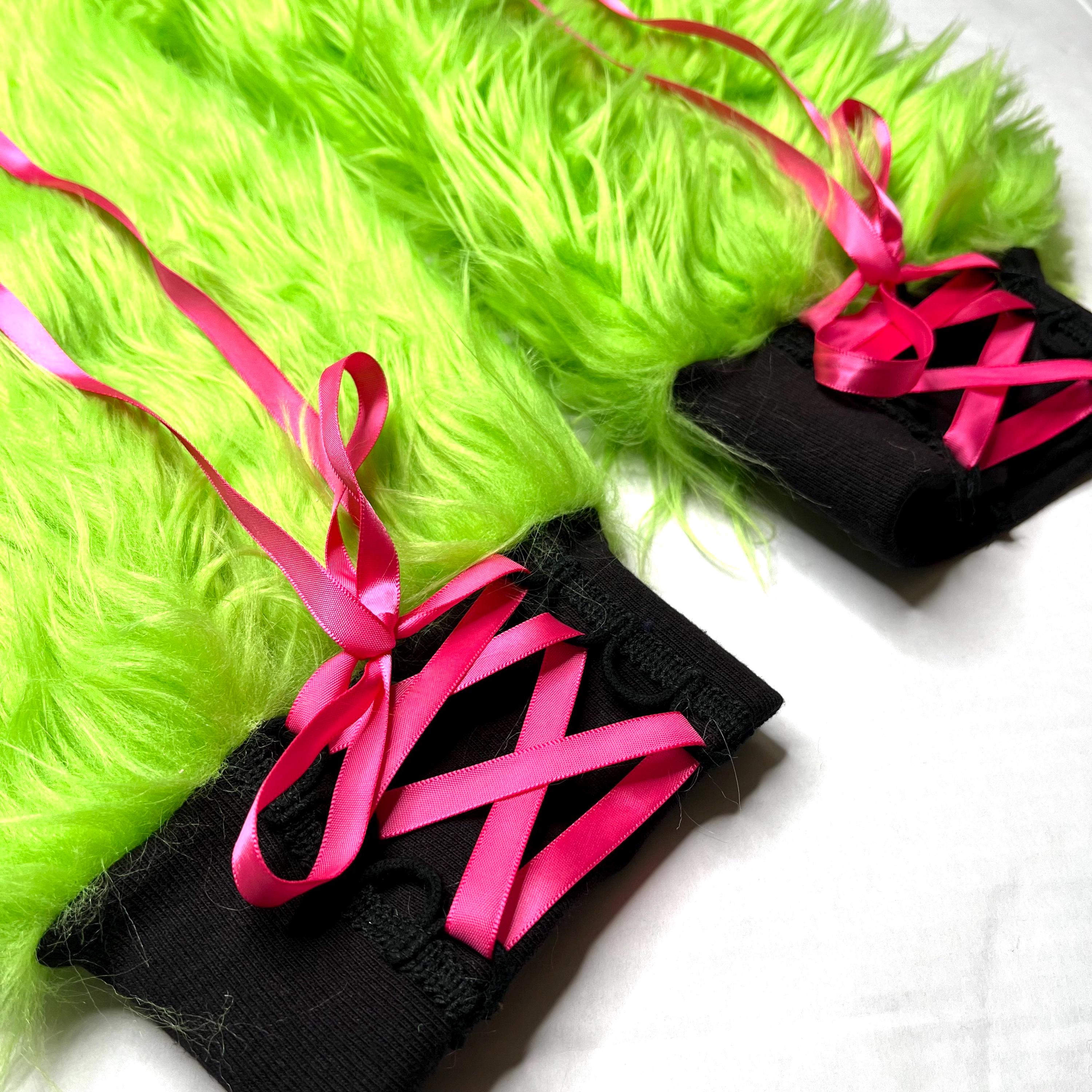 Hot Pink Corset Leg Warmers Lace up Pants Fuzzy Boot Covers Black Fur ...