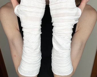 White Summer Gloves Beach UV Protection Driving Sleeves Ruffle Arm Covers Mummy Bride Halloween Costume Arm Warmers - Trixy Xchange