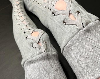 Womens Lace Up Leg Warmers Gray Corset Knee Socks Cotton Thigh Highs Football Leggings Sweatshirt Legwarmers Plus Size Gloves TRIXY XCHANGE