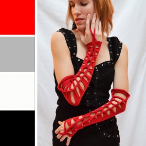 Rote Handschuhe Schwarze Armstulpen Weiße fingerlose Handschuhe Geknotete Armstulpen Armstulpen Fischnetz Armstulpen Schnür-Armstulpen TRIXY XCHANGE