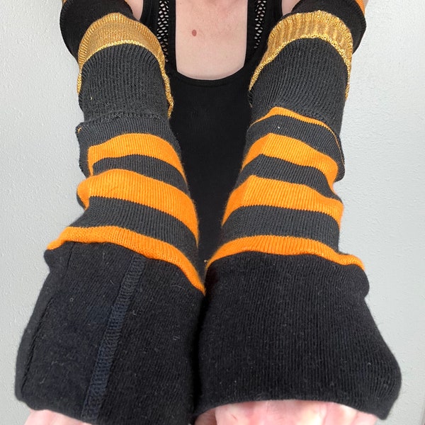 Knit Arm Warmers Patchwork Fingerless Gloves Orange Striped Elbow Covers Glitter Armwarmers Sun Protection Full Arm Length - TRIXY XCHANGE
