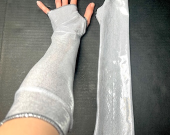 Silver Holographic Fingerless Gloves Black Metallic Arm Warmers with Thumb Holes Womens Cosplay Costume Arm Covers Glow Rave - TRIXY XCHANGE